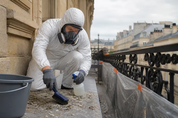 Technicien en combinaison nettoyant une surface souillée